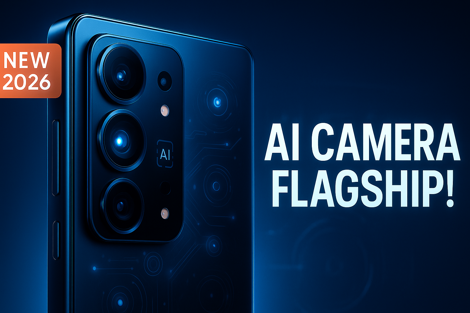 Create a premium YouTube thumbnail (16:9) showcasing a futuristic smartphone inspired by Samsung S26 Ultra. Focus on a HUGE AI-powered camera module with glowing details and futuristic lens reflections. Premium deep Samsung blue gradient background with soft neon highlights. Add premium tech UI elements around camera: AI icons, lens flares, and depth of field. Show the phone slightly rotated to highlight the large camera island. Add clean, bold text: “AI CAMERA FLAGSHIP!” (Top Right). Add small tag sticker: “NEW 2026” (Top Left). High contrast, ultra-sharp, glossy reflections, realistic Samsung flagship style, no bezels. Premium lighting, high-end product photography look, dramatic shadows, ultra-detailed.